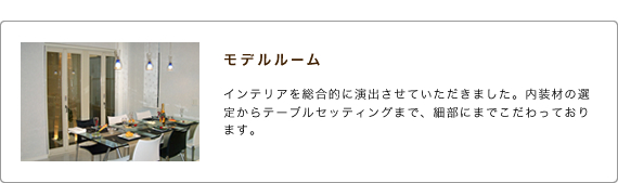 モデルルーム インテリアを総合的に演出させていただきました。内装材の選定からテーブルセッティングまで、細部にまでこだわっております。